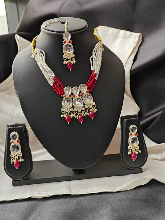 Long Designer beaded jewellery set with Kundan pendant and Maang tika